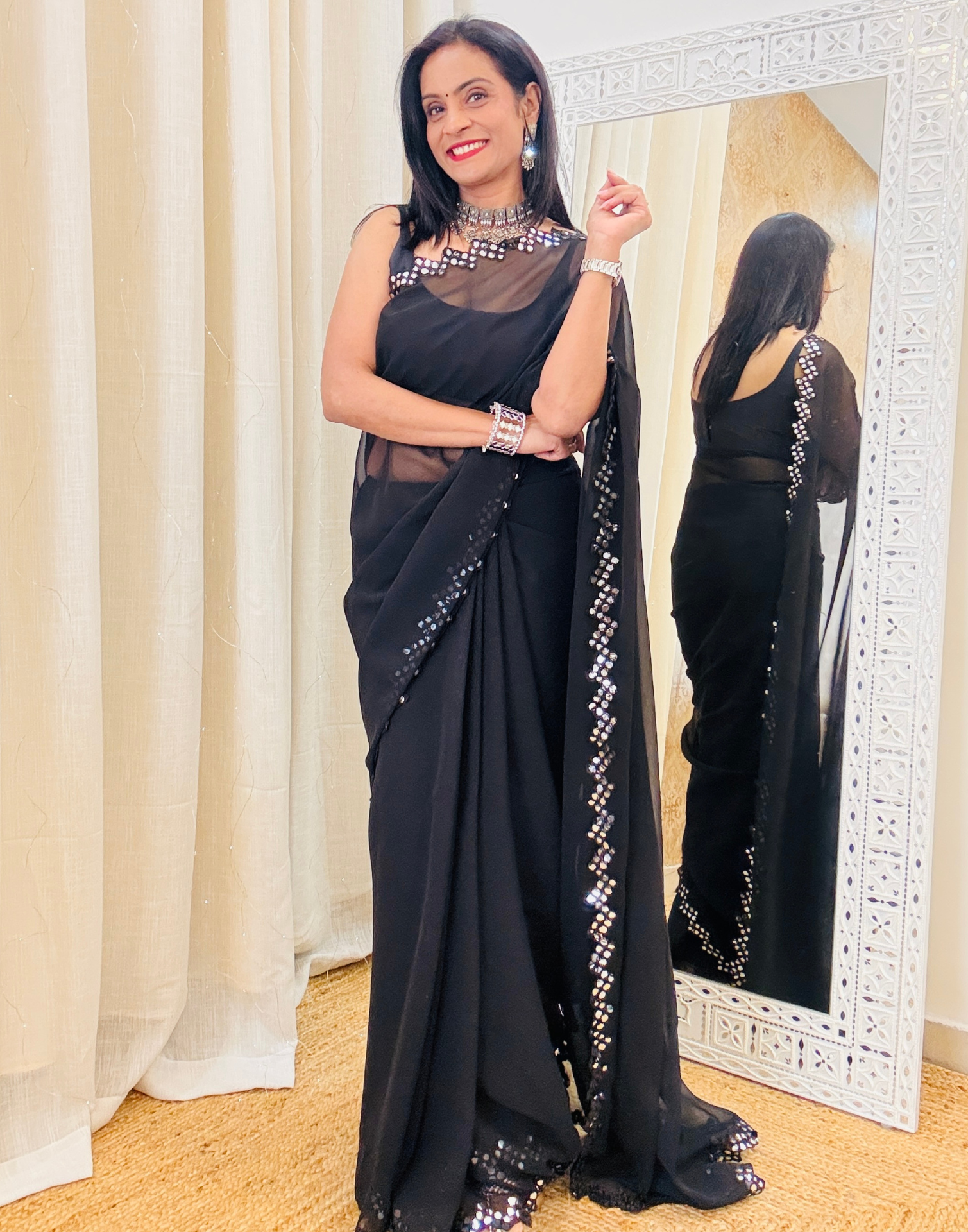 Black Georgette Mirror Work Embellished Saree