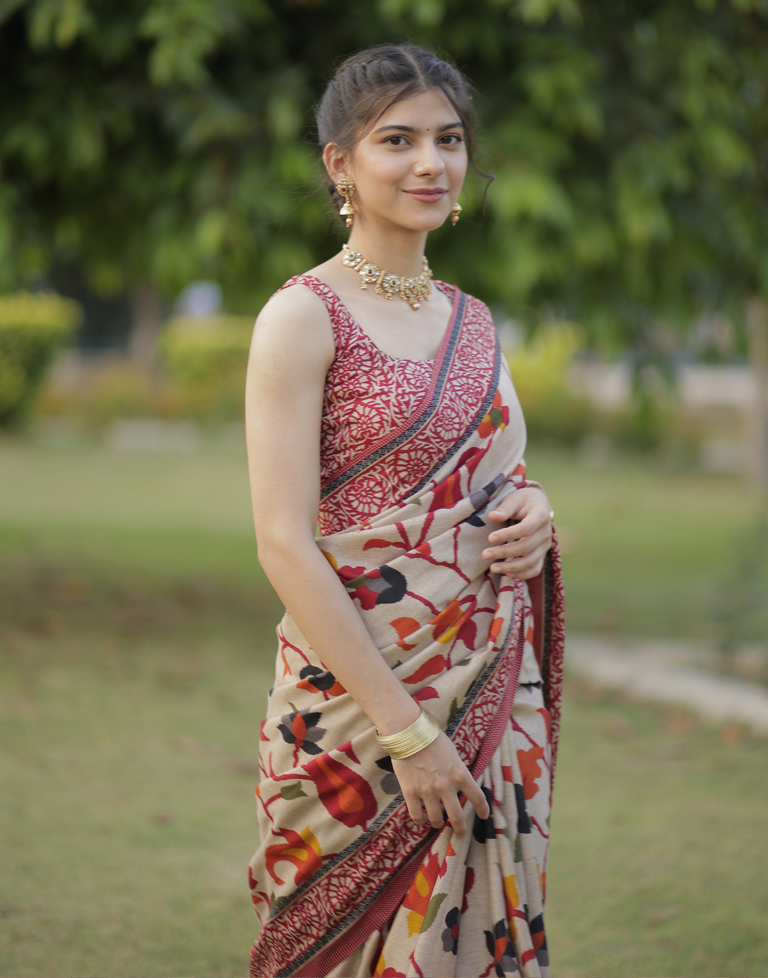 Beige Floral Printed Silk Saree