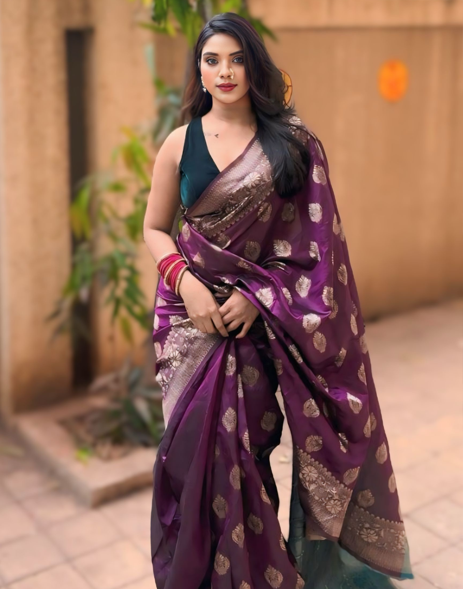 Purple Silk Blend Woven Banarasi Saree
