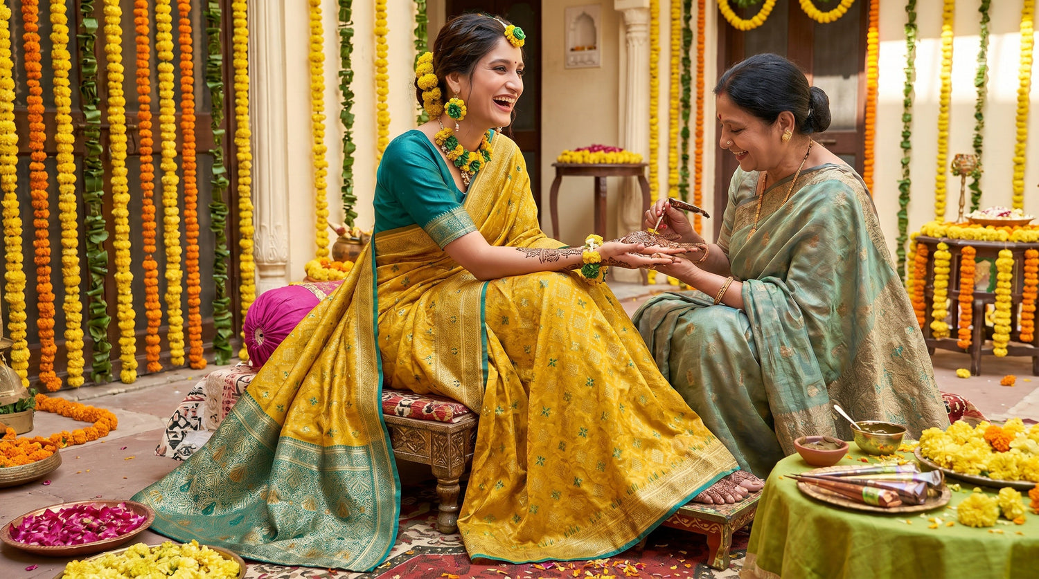 Indian bride in yellow saree at mehendi ceremony