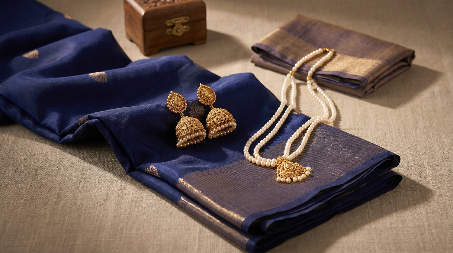 Simple Jewelry Pairing Tips for Sarees hero image featuring gold earrings and necklace on navy blue silk saree fabric
