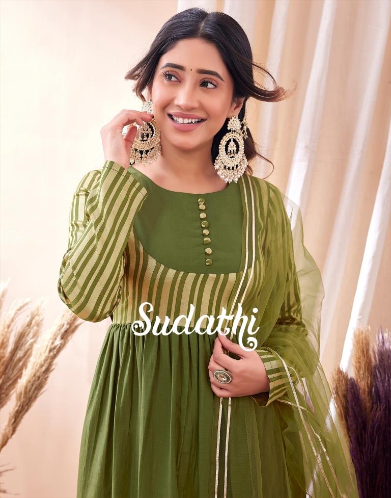 Green Weaved Kurta With Pant And Dupatta