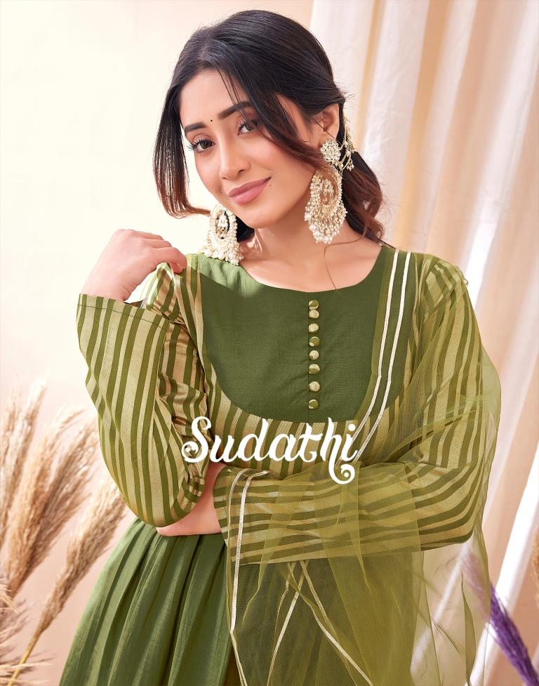 Green Weaved Kurta With Pant And Dupatta