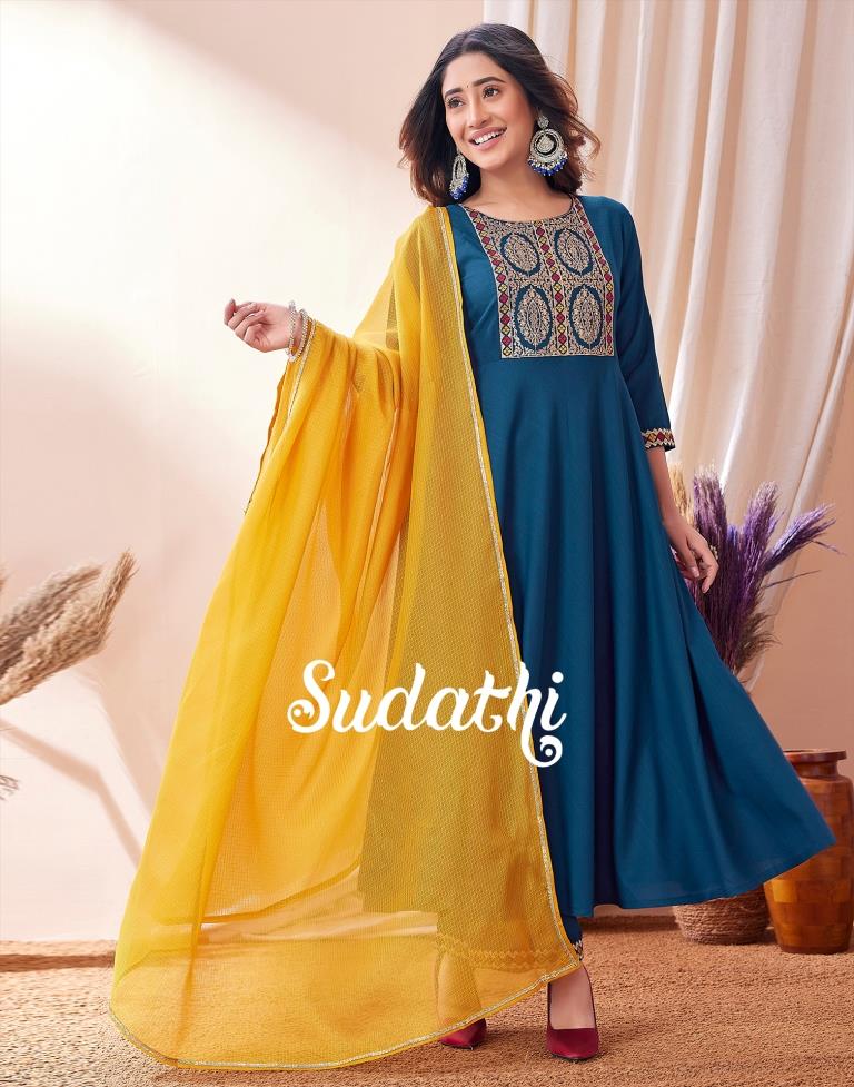 Teal Blue Embroidered Kurta With Pant And Dupatta