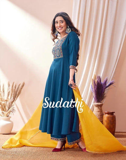 Teal Blue Embroidered Kurta With Pant And Dupatta