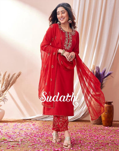 Red Embroidered Kurti With Pant And Dupatta