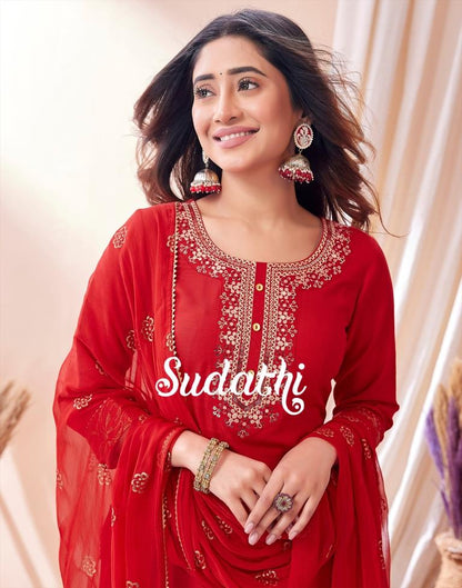 Red Embroidered Kurti With Pant And Dupatta