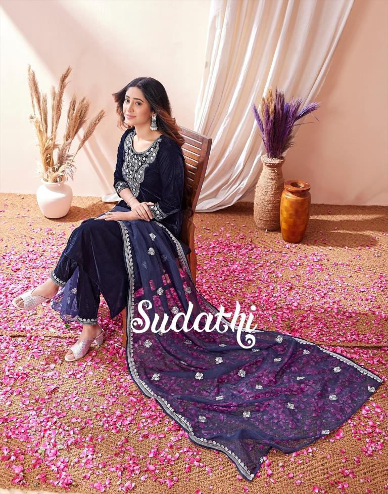 Blue Embroidered Kurti With Pant And Dupatta