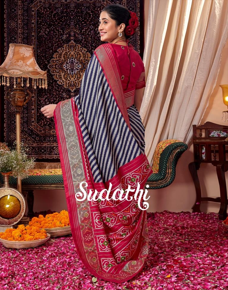 Navy Blue &amp; Red Printed Silk Saree