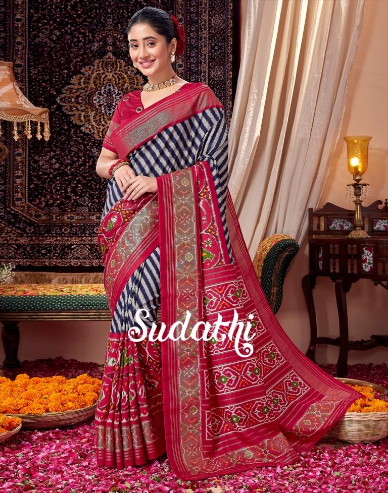 Navy Blue &amp; Red Printed Silk Saree