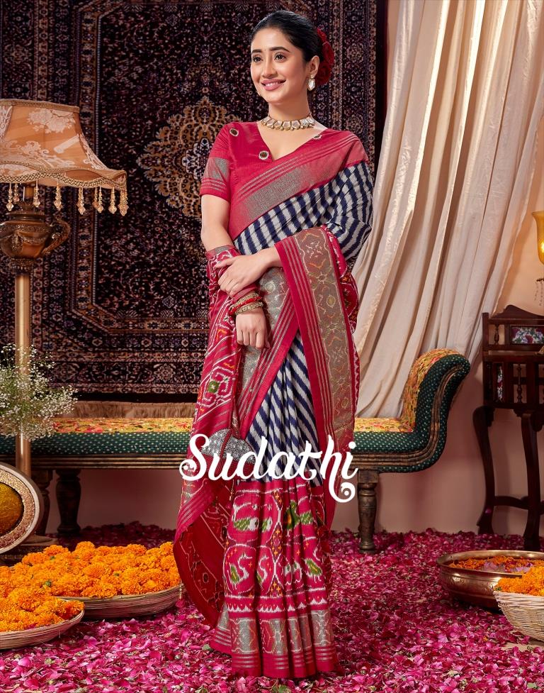 Navy Blue &amp; Red Printed Silk Saree