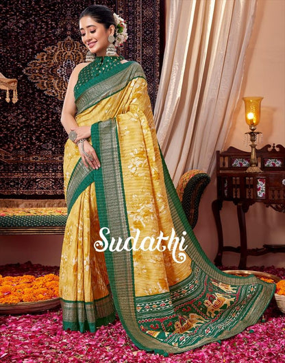 Yellow  Printed Silk Saree