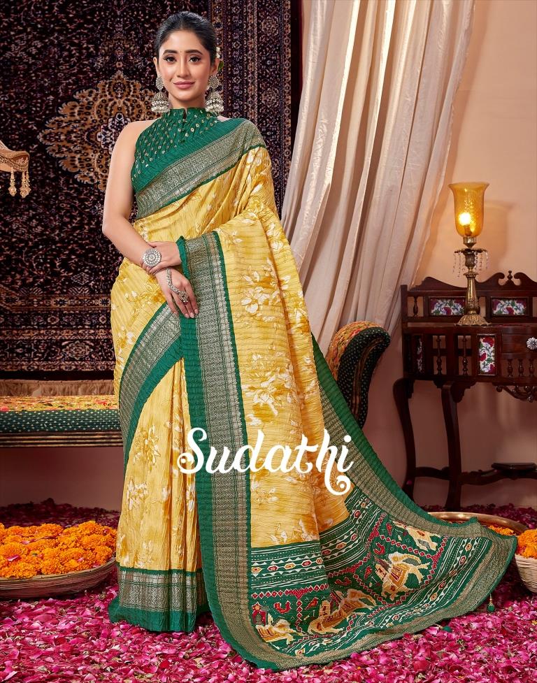 Yellow  Printed Silk Saree