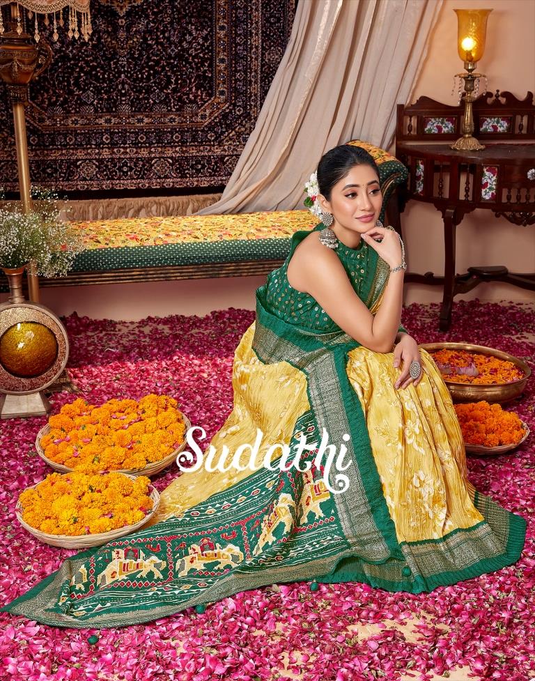 Yellow  Printed Silk Saree