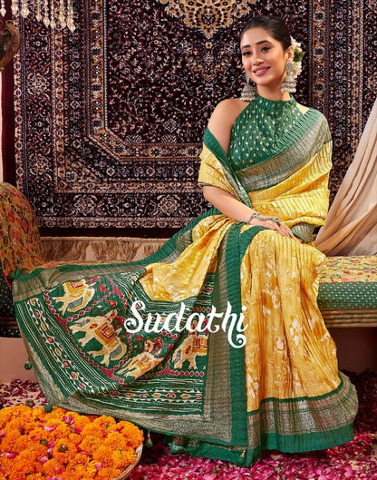 Yellow  Printed Silk Saree