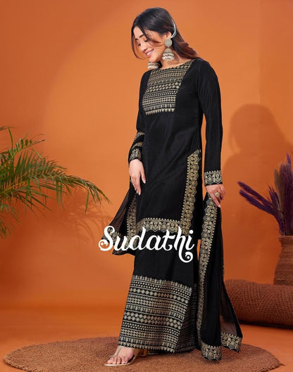 Black Foil Prined Kurta With Sharara And Dupatta