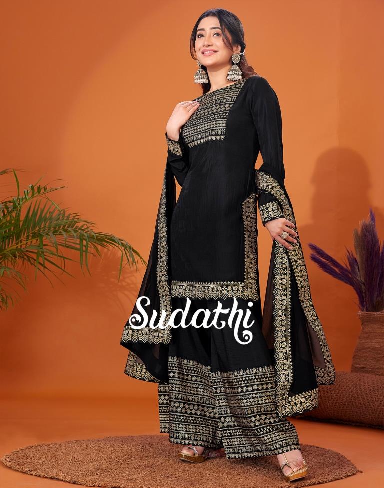 Black Foil Prined Kurta With Sharara And Dupatta