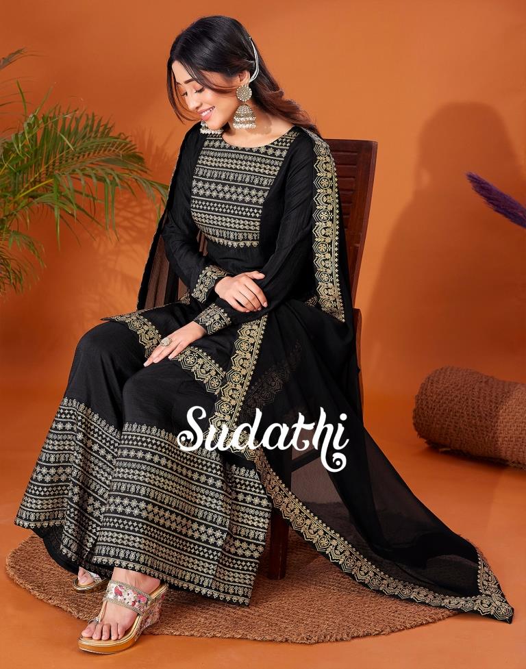 Black Foil Prined Kurta With Sharara And Dupatta