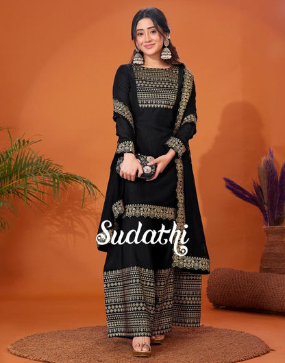 Black Foil Prined Kurta With Sharara And Dupatta