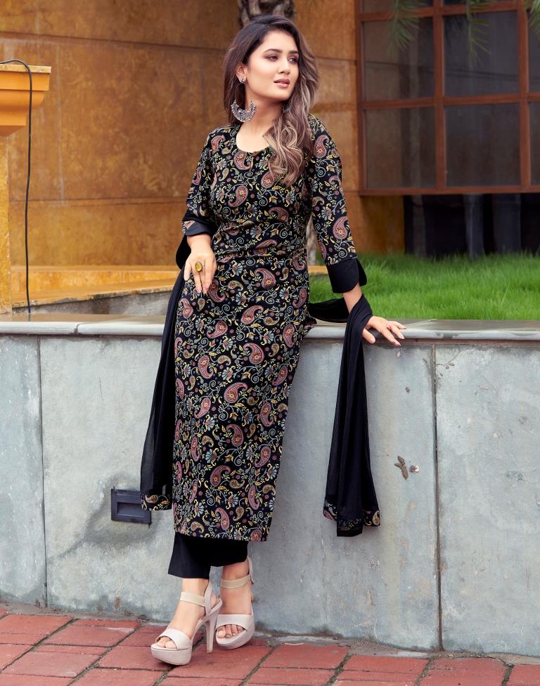 Black Printed Straight Kurta With Pant And Dupatta