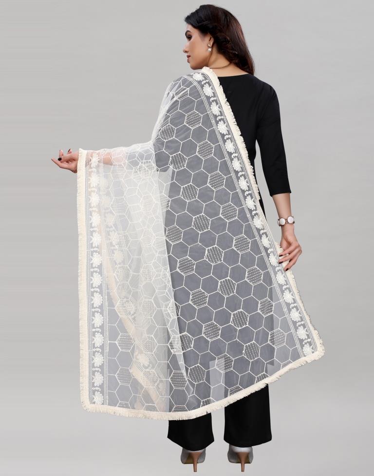 Off White Coloured Cotton Net Sequence Embroidery Dupatta | Sudathi