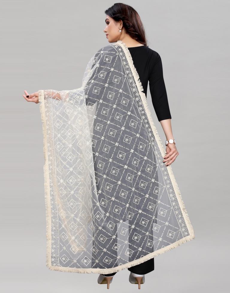 Off White Coloured Cotton Net Sequence Embroidery Dupatta | Sudathi