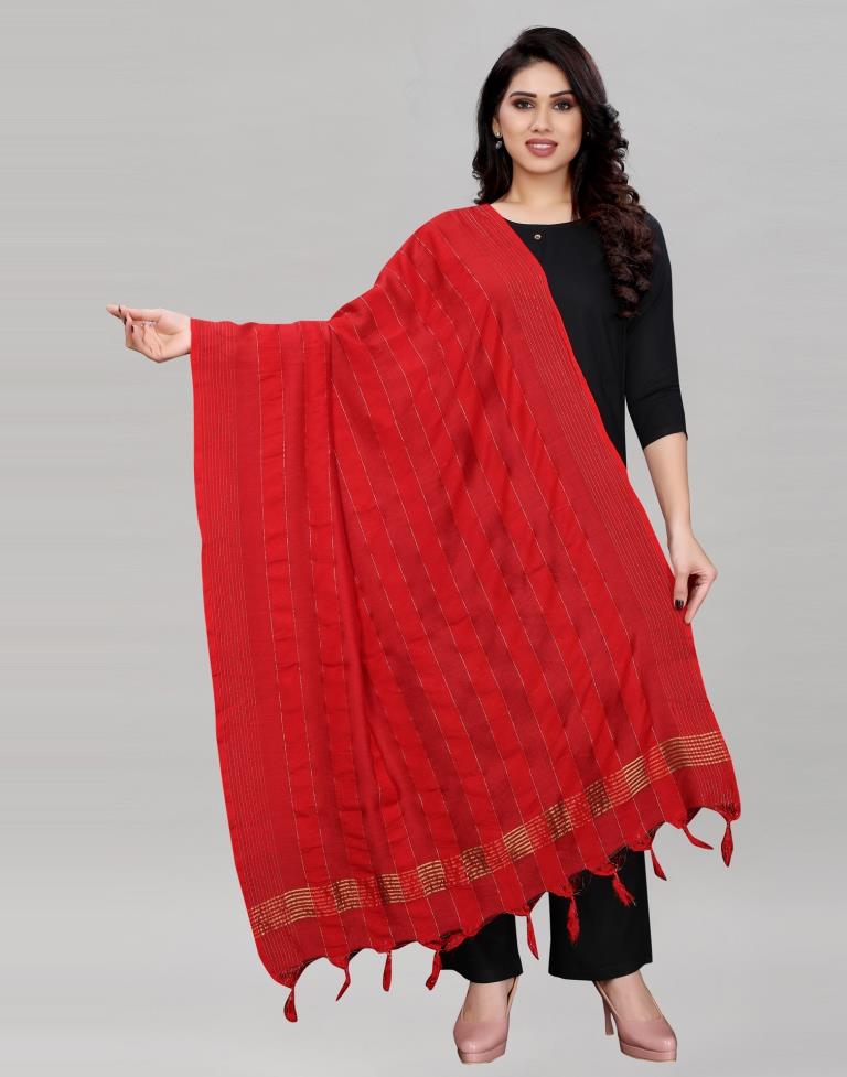 Red Coloured Poly Cotton Woven Jari Striped Dupatta | Sudathi