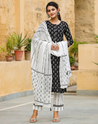 Black Printed Rayon Straight Kurta Set With Dupatta