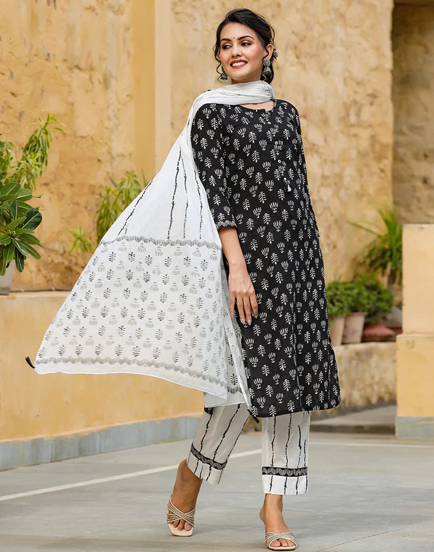 Black Printed Rayon Straight Kurta Set With Dupatta