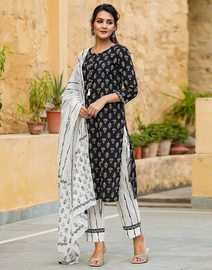 Black Printed Rayon Straight Kurta Set With Dupatta