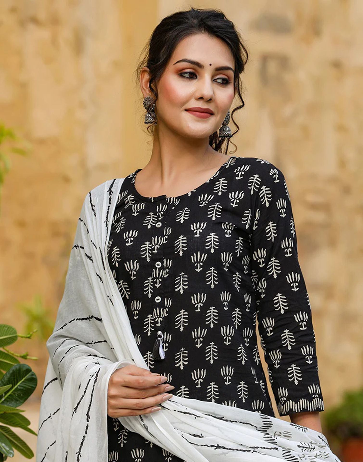 Black Printed Rayon Straight Kurta Set With Dupatta