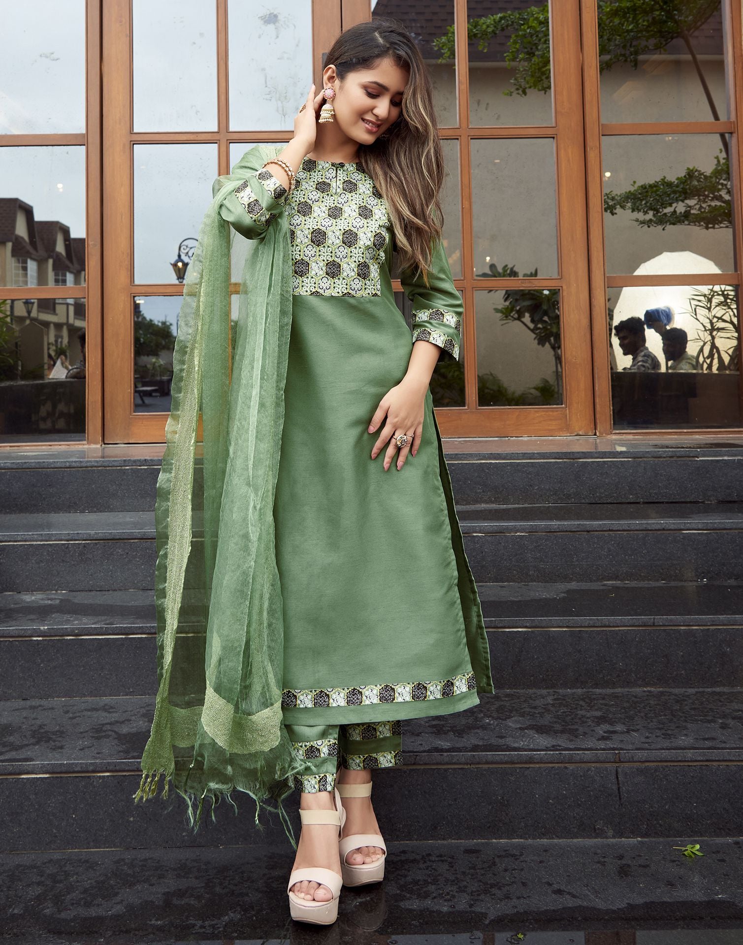 Mint Green Plain Silk A-Line Kurta With Pant And Dupatta