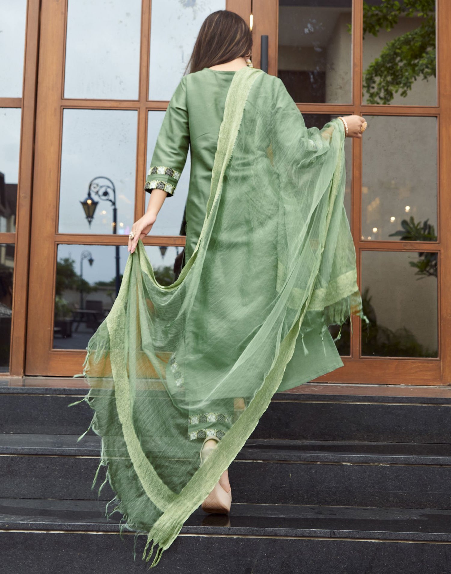 Mint Green Plain Silk A-Line Kurta With Pant And Dupatta