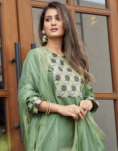 Mint Green Plain Silk A-Line Kurta With Pant And Dupatta