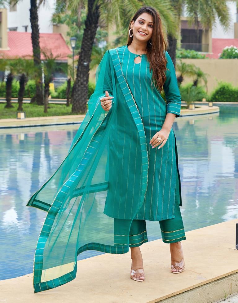 Rama Green Printed Plain Straight kurta With Pant And Dupatta