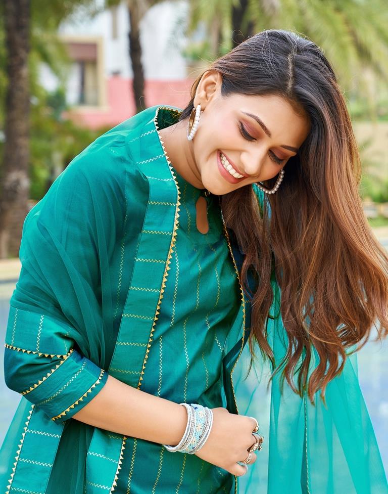 Rama Green Printed Plain Straight kurta With Pant And Dupatta