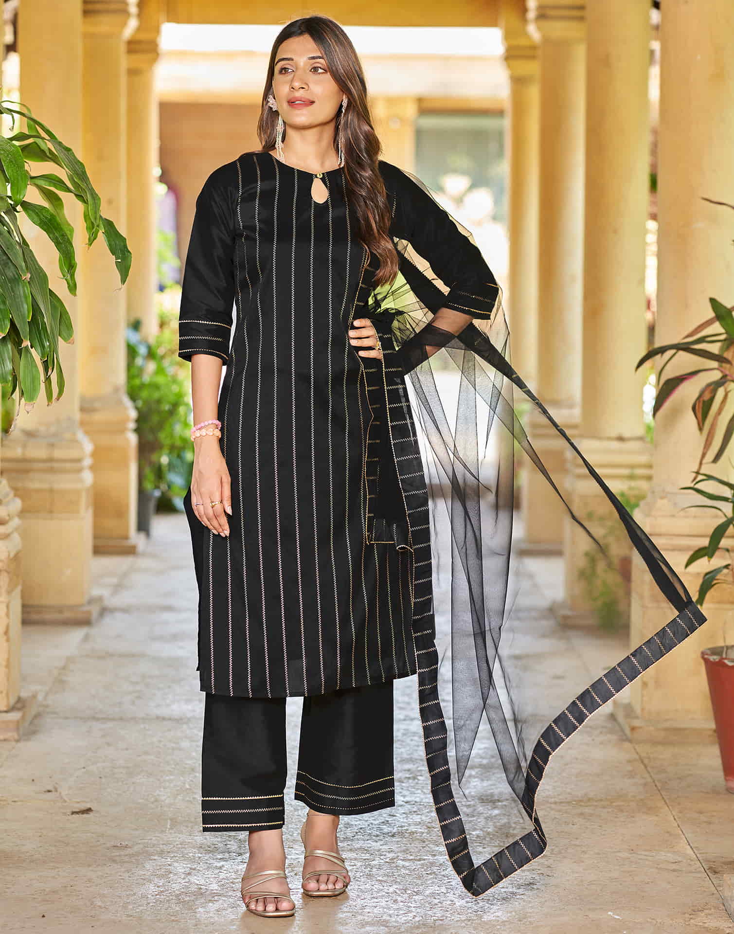 Black Printed Rayon Straight Kurta With Pant And Dupatta