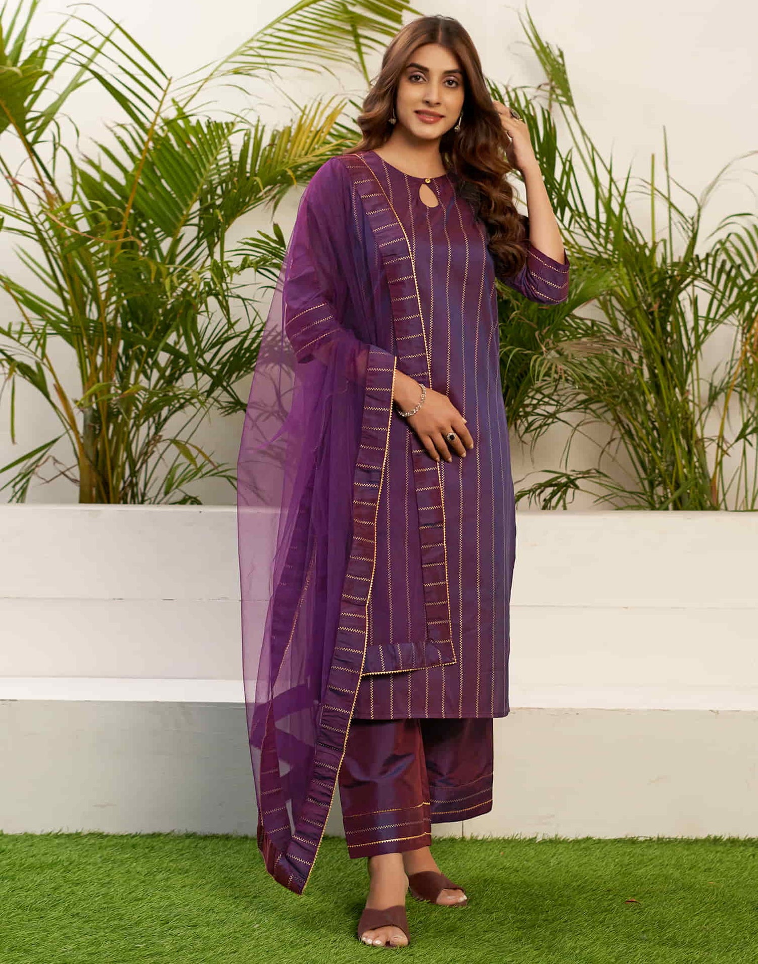 Deep Purple Printed Rayon Straight Kurta With Pant And Dupatta