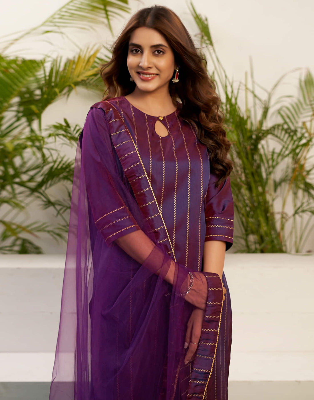 Deep Purple Printed Rayon Straight Kurta With Pant And Dupatta