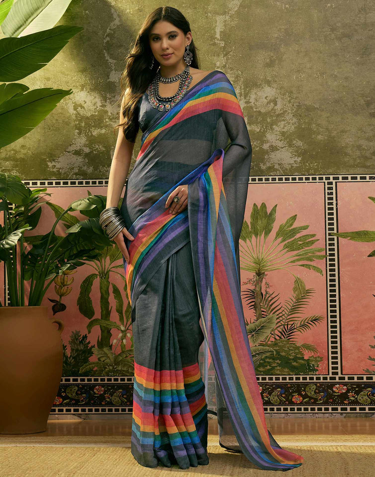 Ready To Wear Dark Grey Linen Cotton Printed Saree