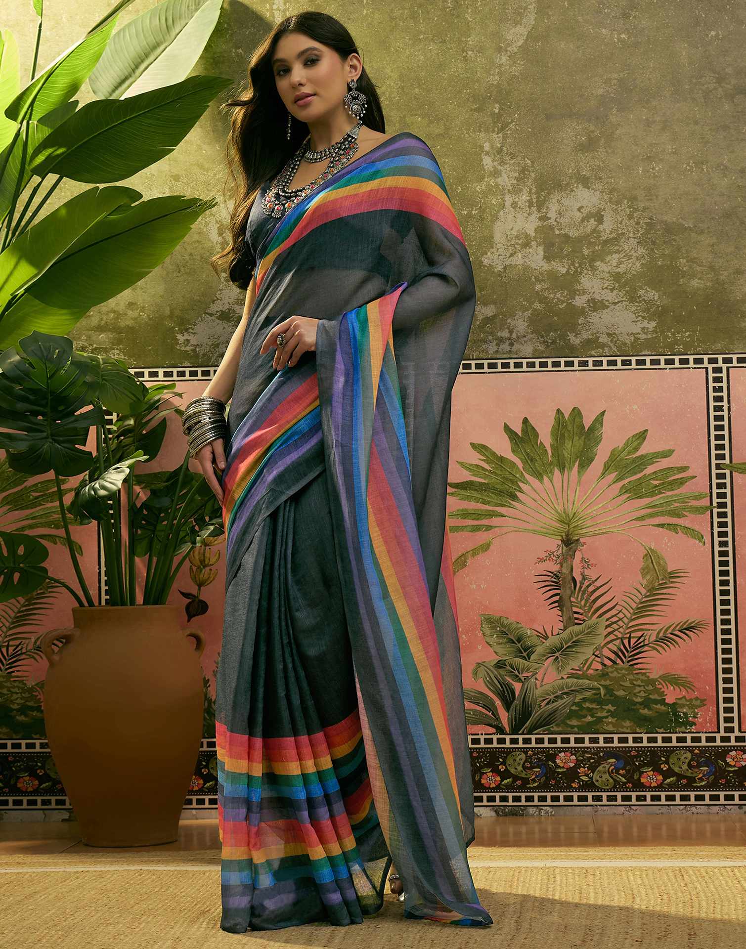 Ready To Wear Dark Grey Linen Cotton Printed Saree