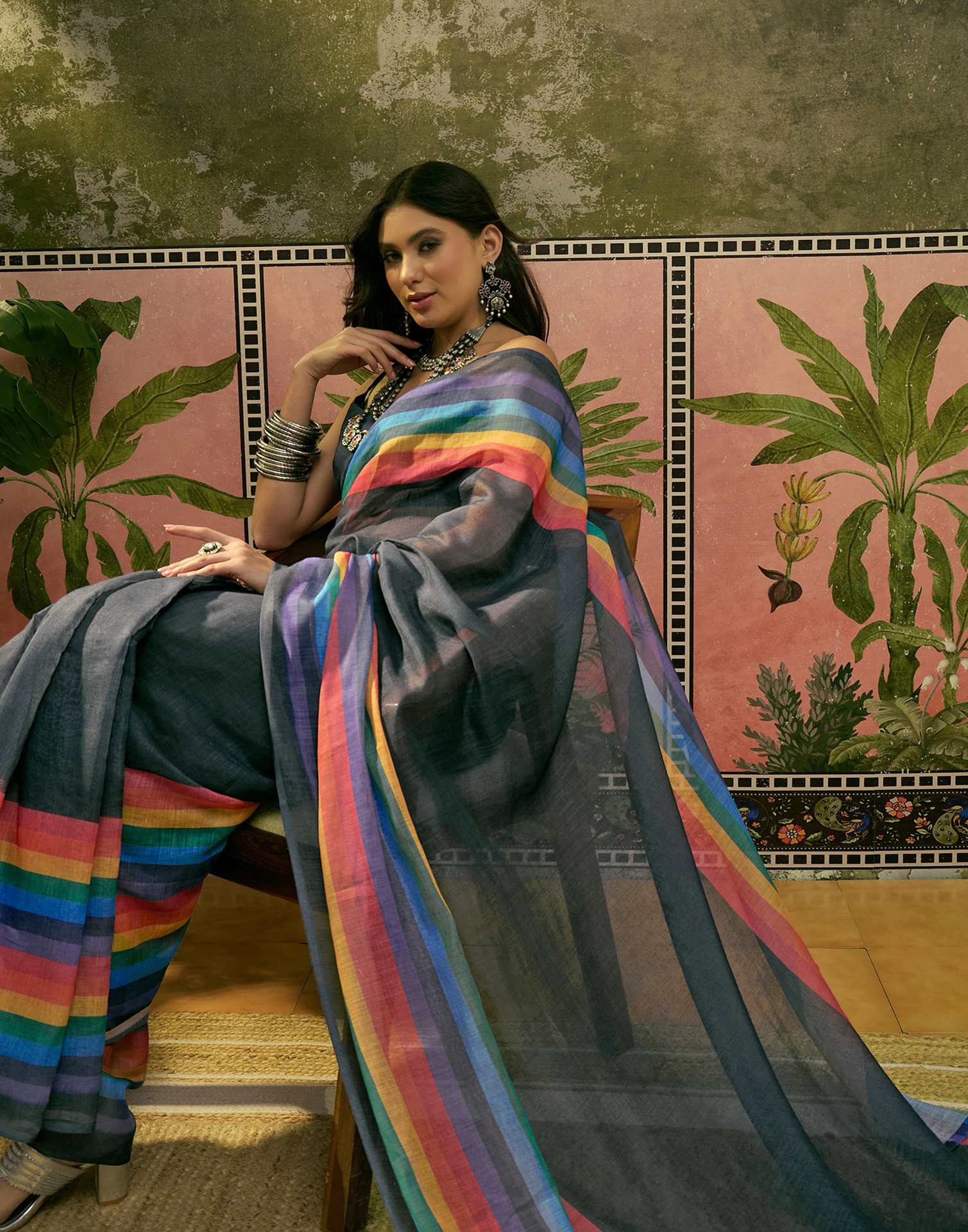 Ready To Wear Dark Grey Linen Cotton Printed Saree