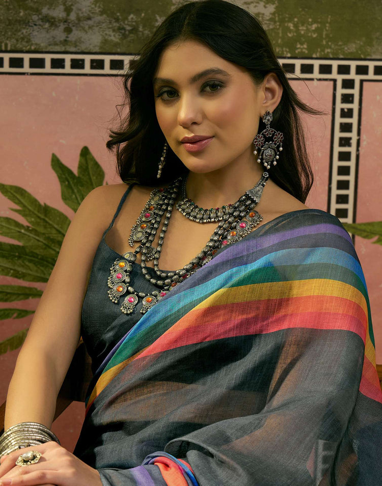 Ready To Wear Dark Grey Linen Cotton Printed Saree