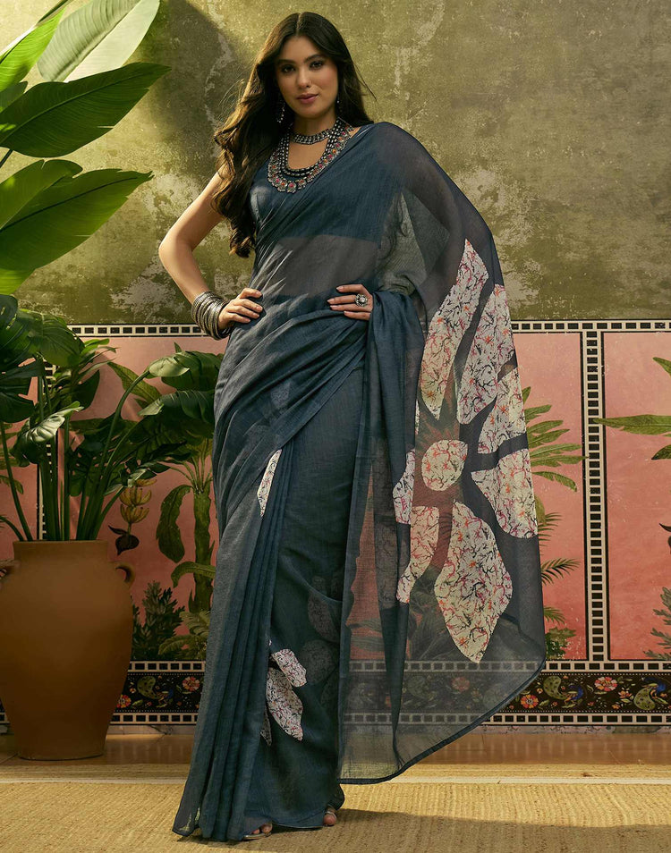 Ready To Wear Dusty Rama Blue Linen Cotton Printed Saree