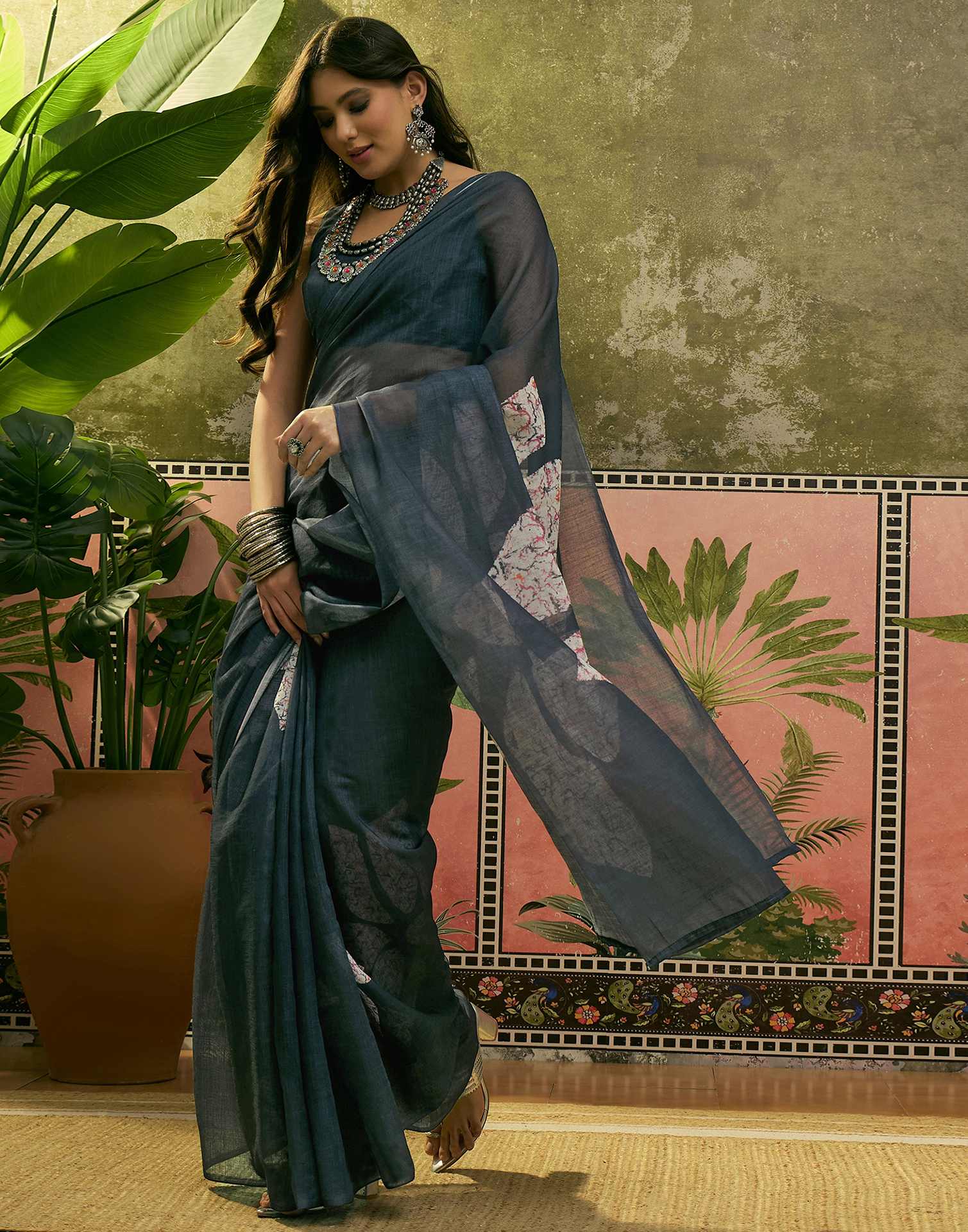 Ready To Wear Dusty Rama Blue Linen Cotton Printed Saree