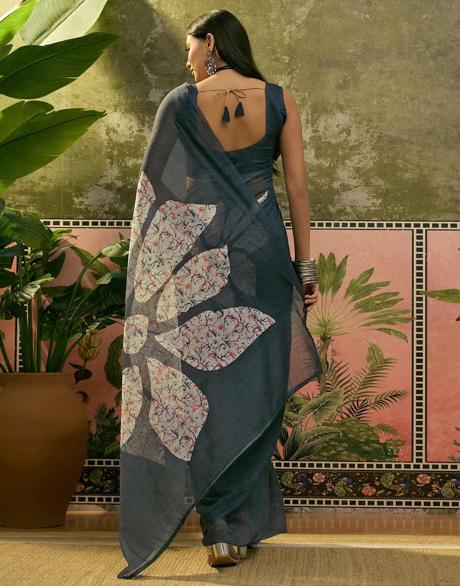 Ready To Wear Dusty Rama Blue Linen Cotton Printed Saree