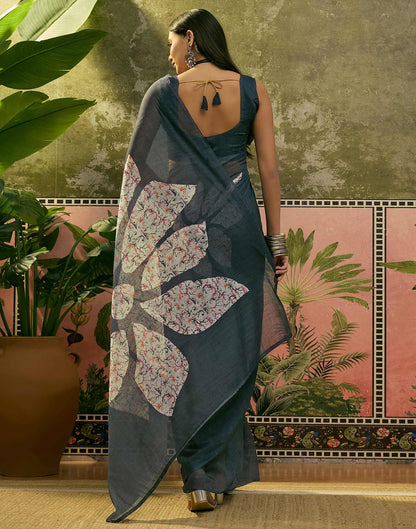 Ready To Wear Dusty Rama Blue Linen Cotton Printed Saree