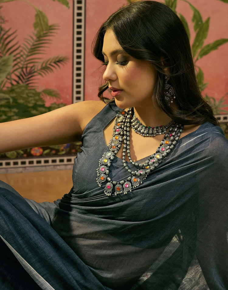 Ready To Wear Dusty Rama Blue Linen Cotton Printed Saree
