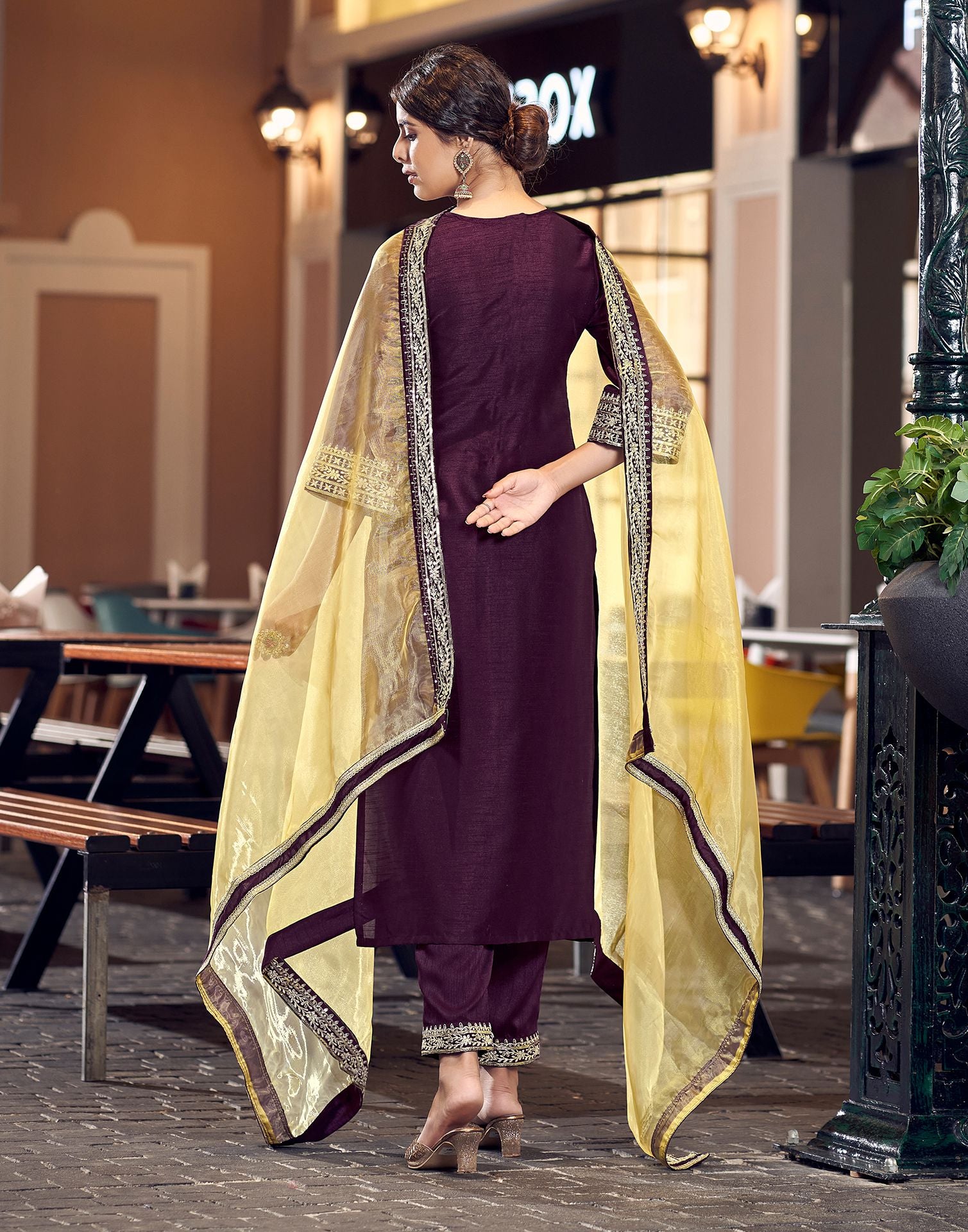 Wine Plain Silk Straight Kurta With Pant And Dupatta