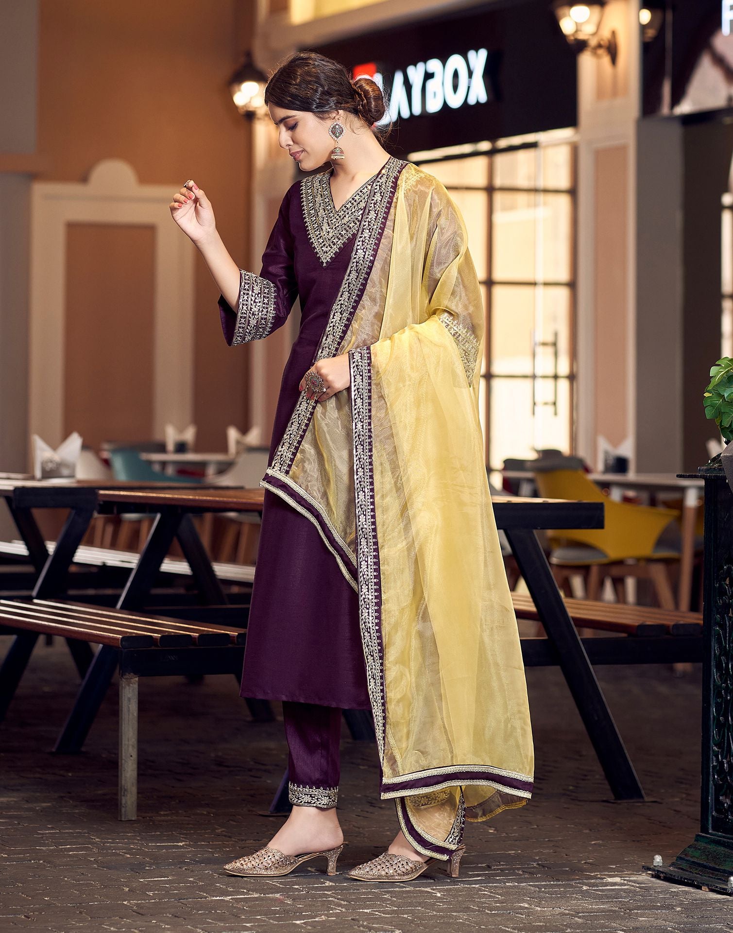 Wine Plain Silk Straight Kurta With Pant And Dupatta